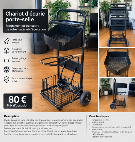 Chariot d&rsquo;&eacute;curie porte-selle en m&eacute;tal noir &ndash; rangement 
