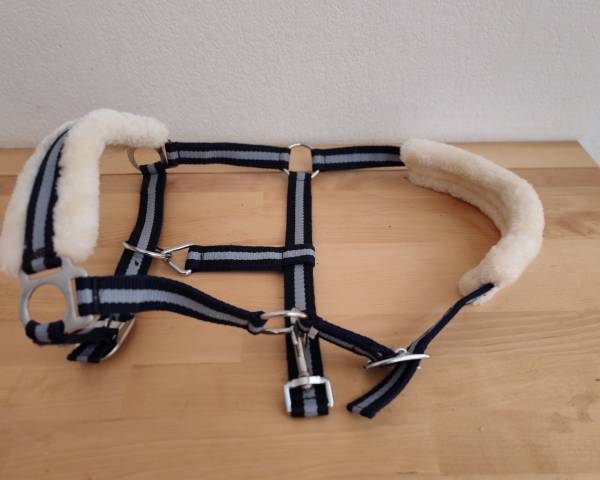 Licol poney bleu et blanc cassé avec mouton