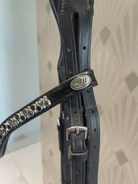 Joli bridon noir avec muserolle allemande laqu&eacute;e 