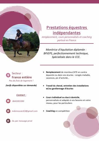 Monitrice ind&eacute;pendante, propose prestations &eacute;questres